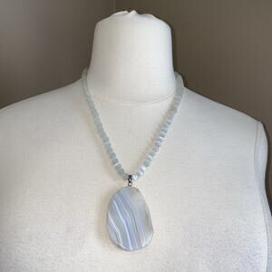 Blue Lace Agate Natural stone Slab Pendant & White Cats Eye Faceted necklace 23”